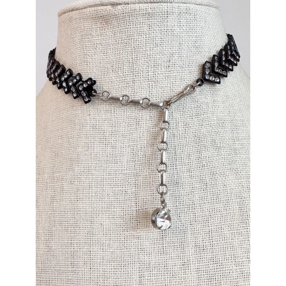 Black Chevron Rhinestone Choker Necklace Goth Steam Punk Dark Jewelry